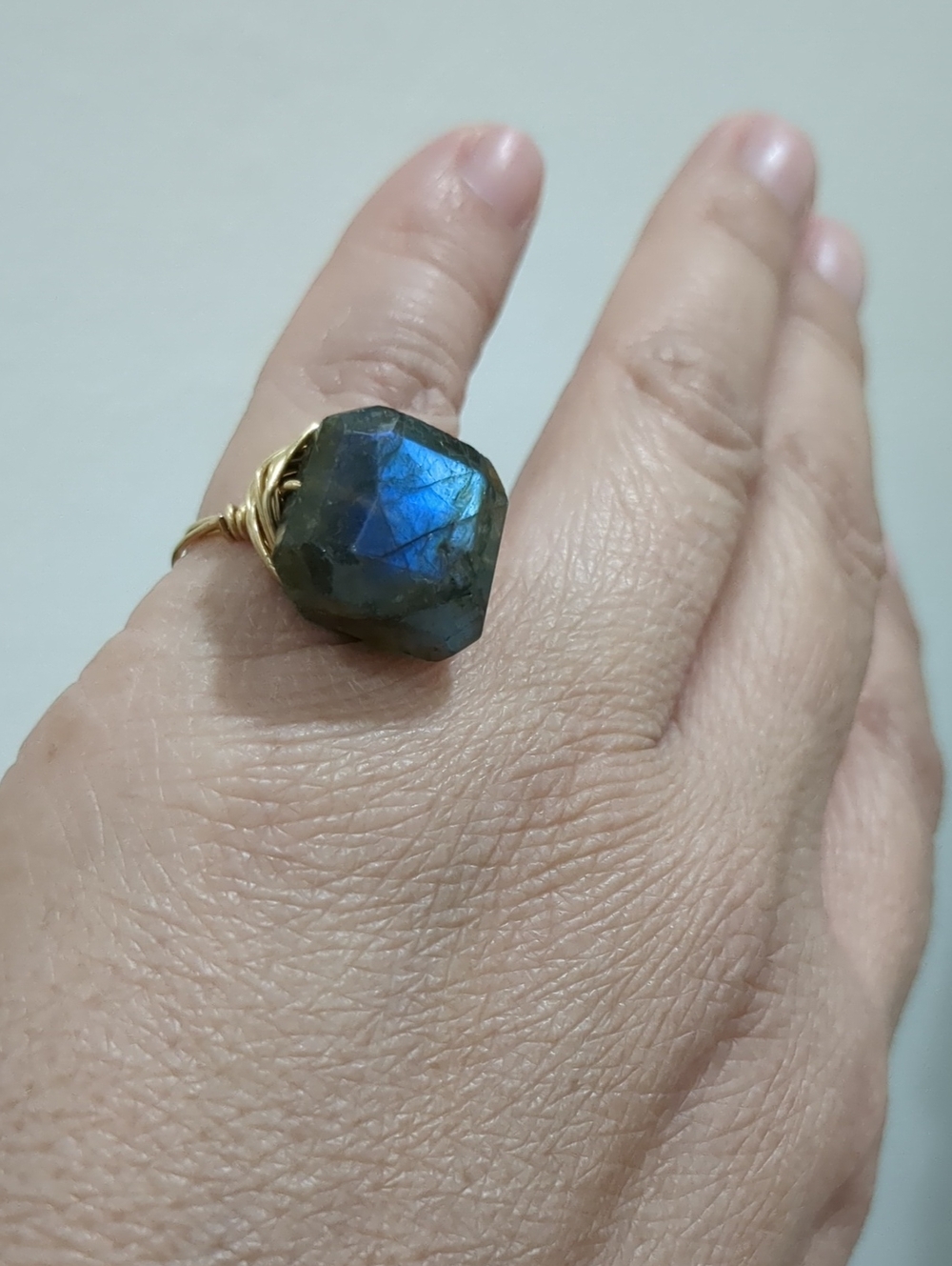 Gold Plated Wire Ring with Blue-Green Labradorite